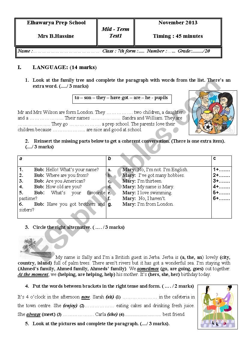 mid-term test1 7th form worksheet
