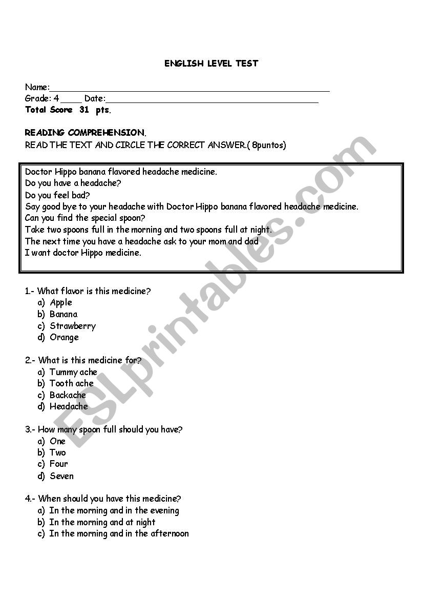 english test illness worksheet