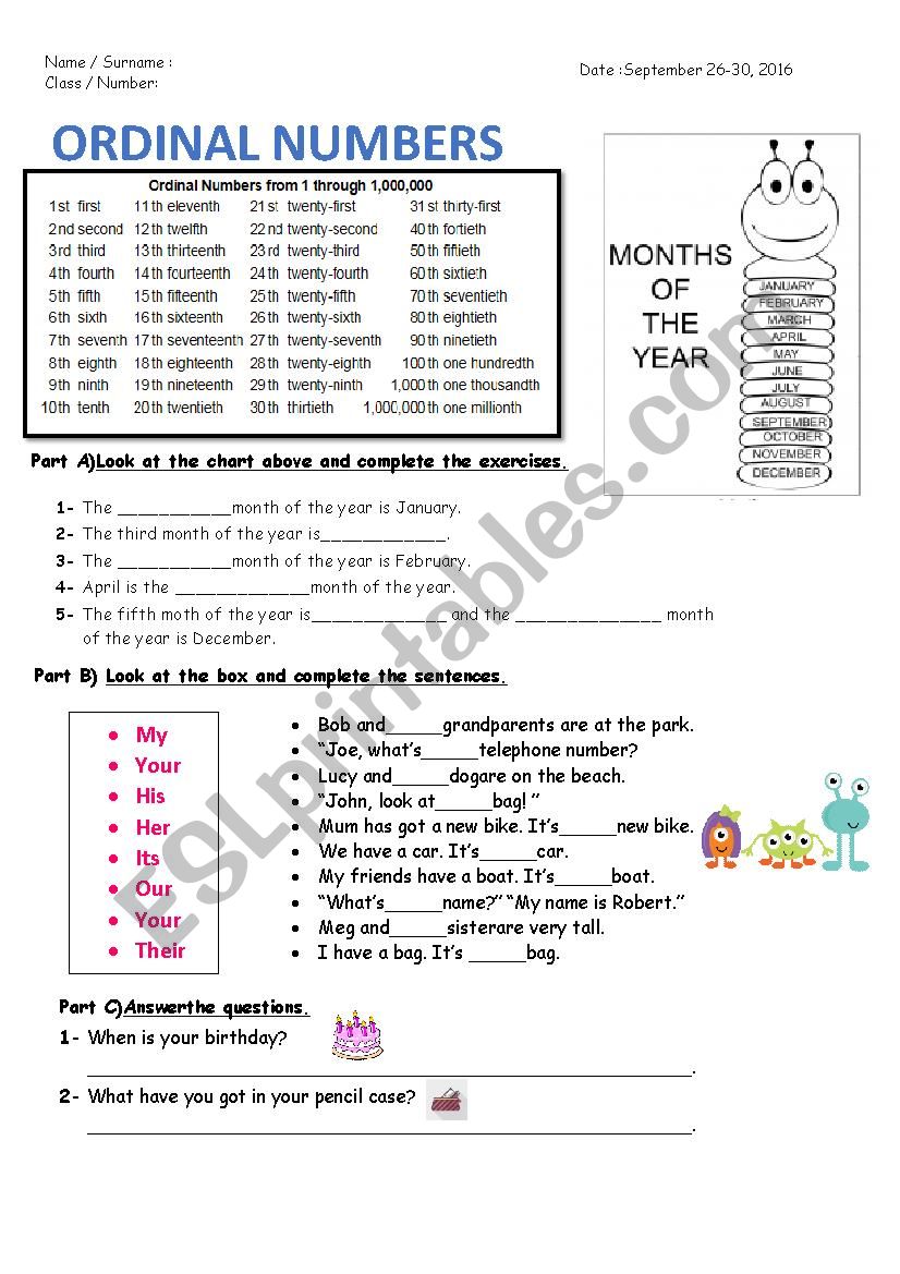 ORDINL NUMBERS worksheet