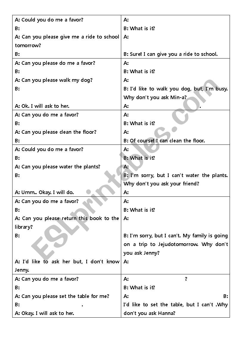 favor conversation pair worksheet