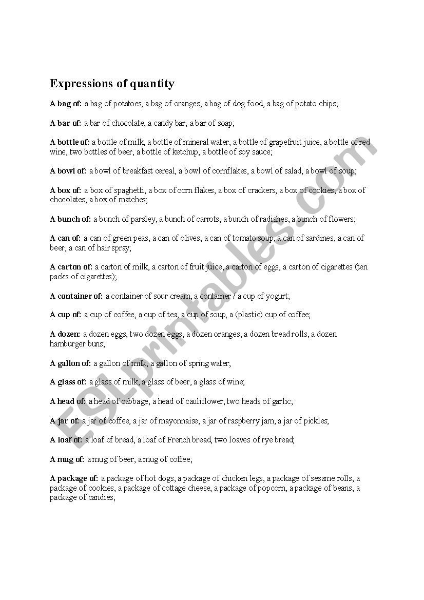 Expressions of quantity worksheet