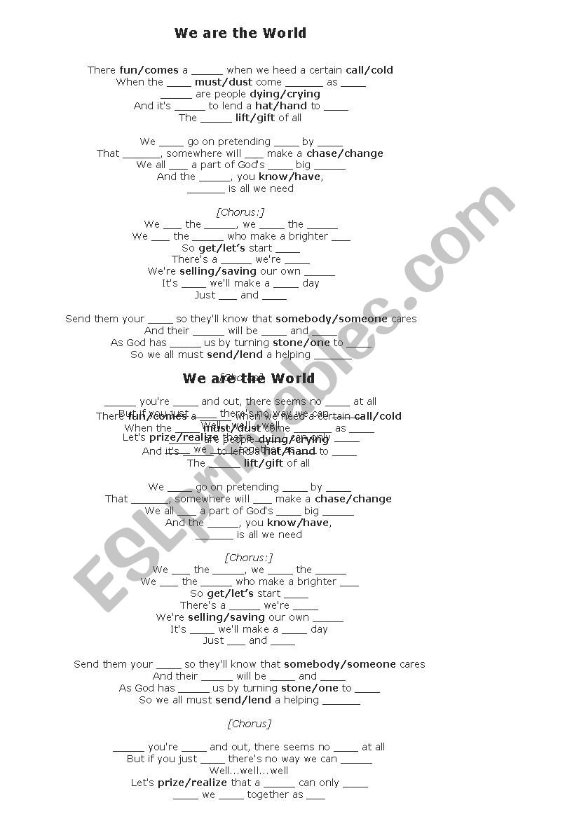 Song - We are the World worksheet