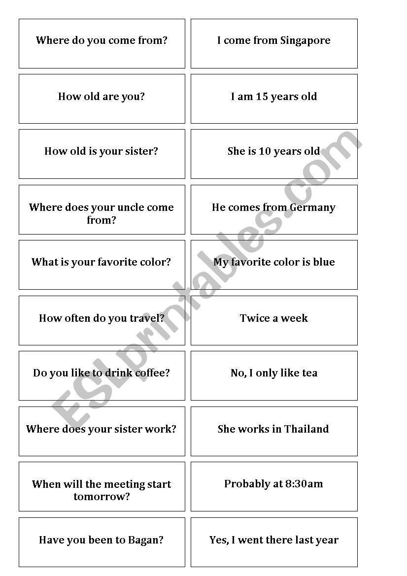 Questions & Answers - Pairs worksheet