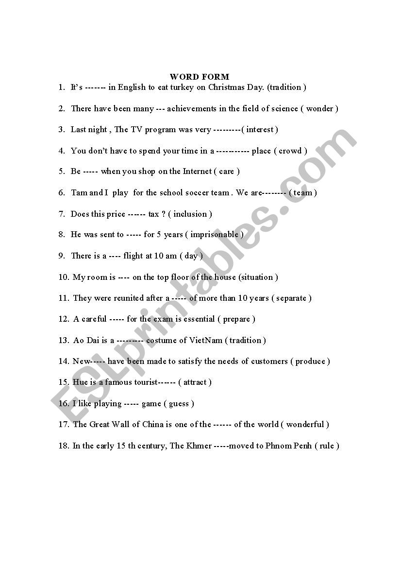 Word form exercise worksheet