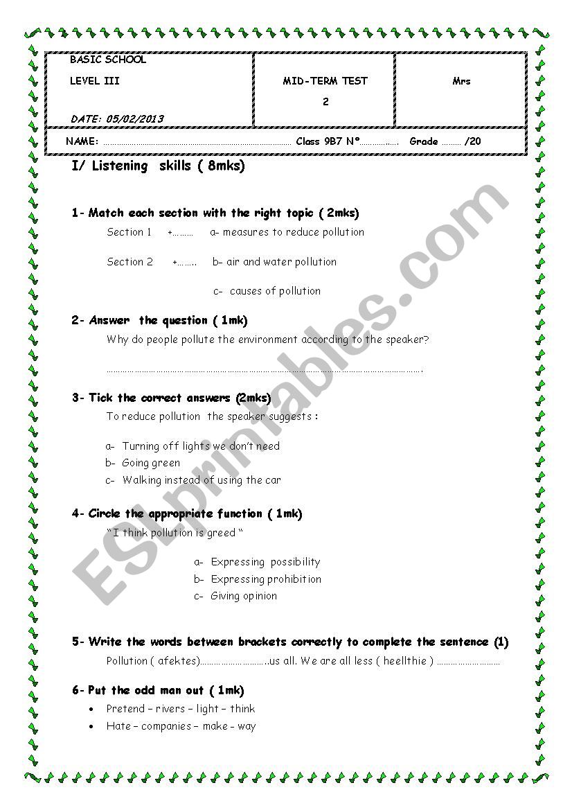 Mid term test worksheet