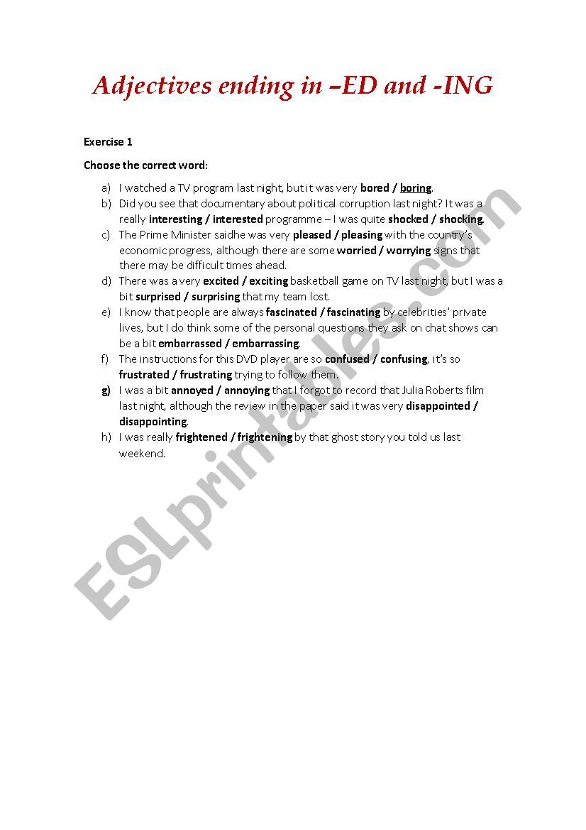Adjectives ending in -ED and -ING (with answer key)