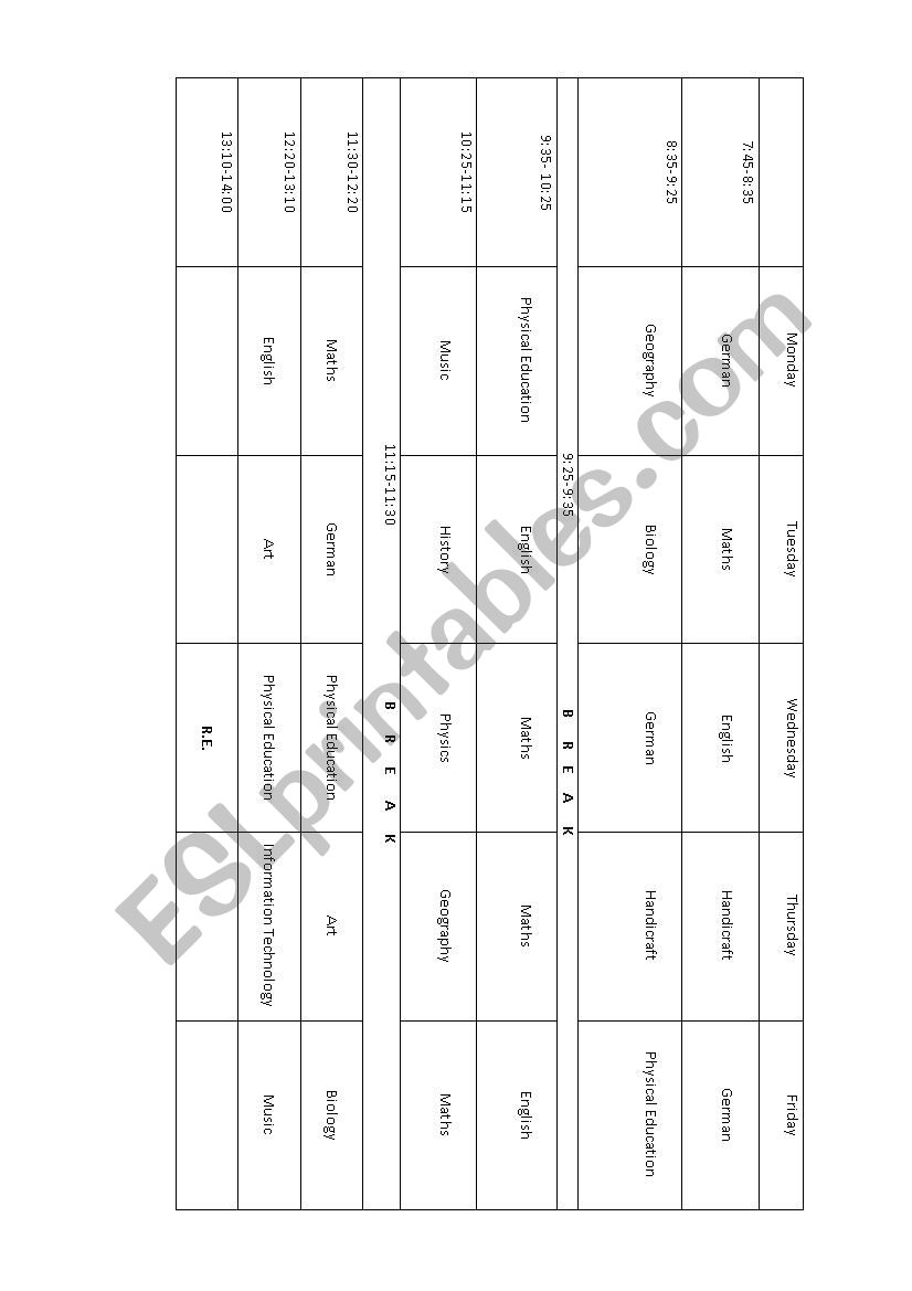 Timetable worksheet