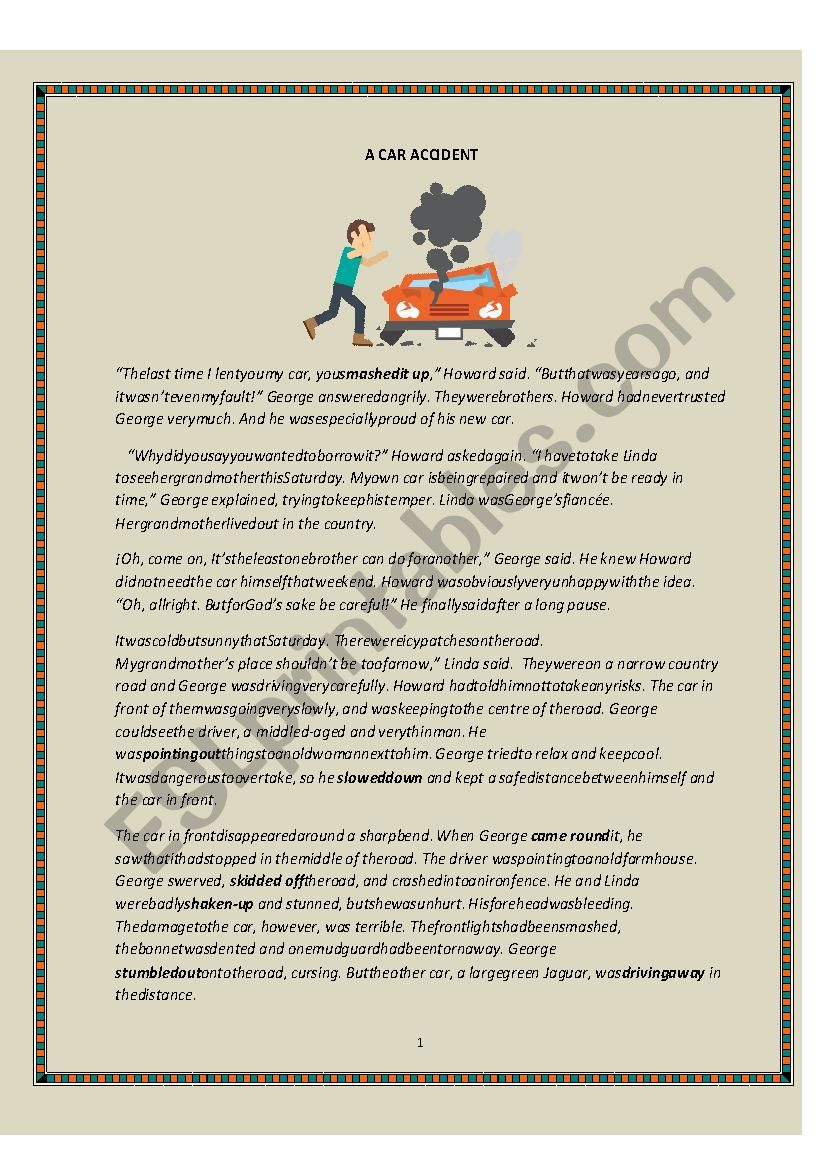 A CAR ACCIDENT worksheet