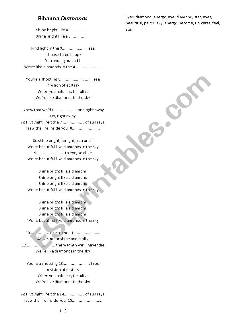 Rihanna- Diamond worksheet