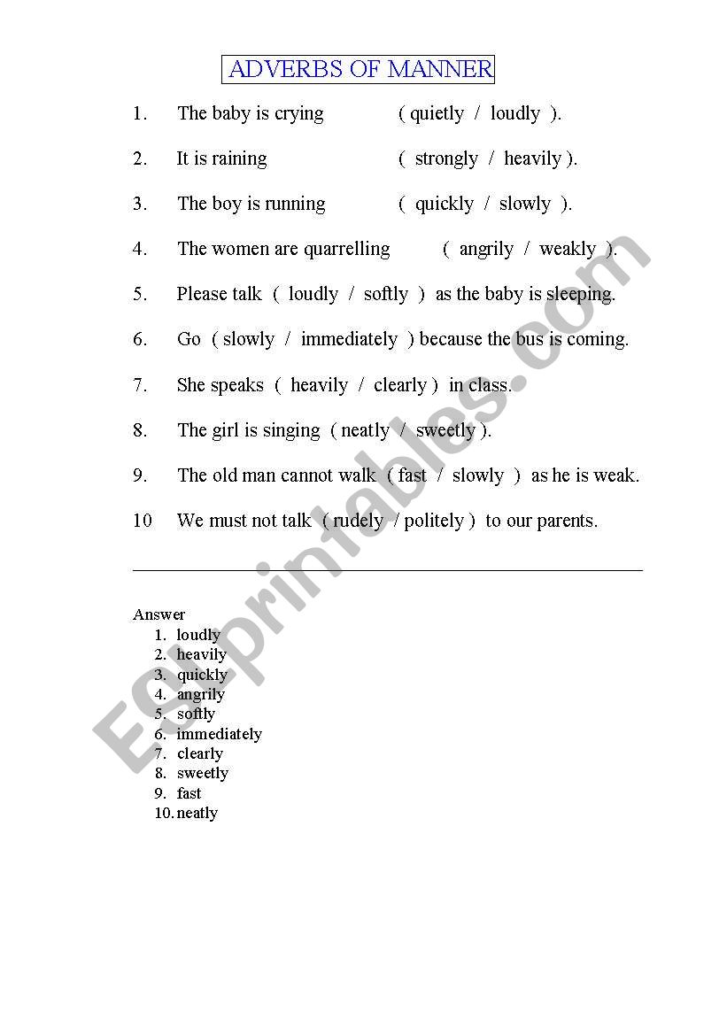 Adverbs of manner worksheet