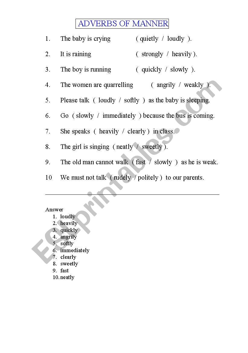 Adverbs Of Manner ESL Worksheet By Dearwit