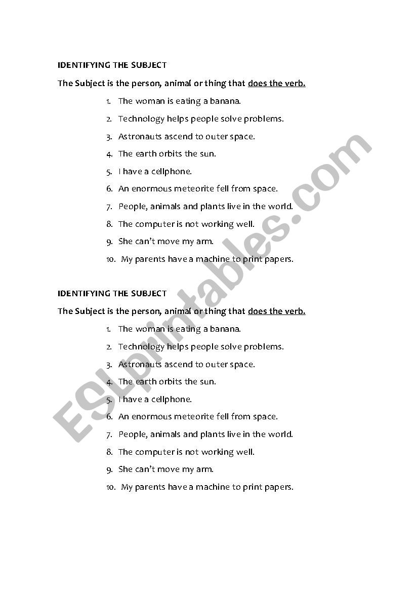 Quiz Identifying the Subject worksheet