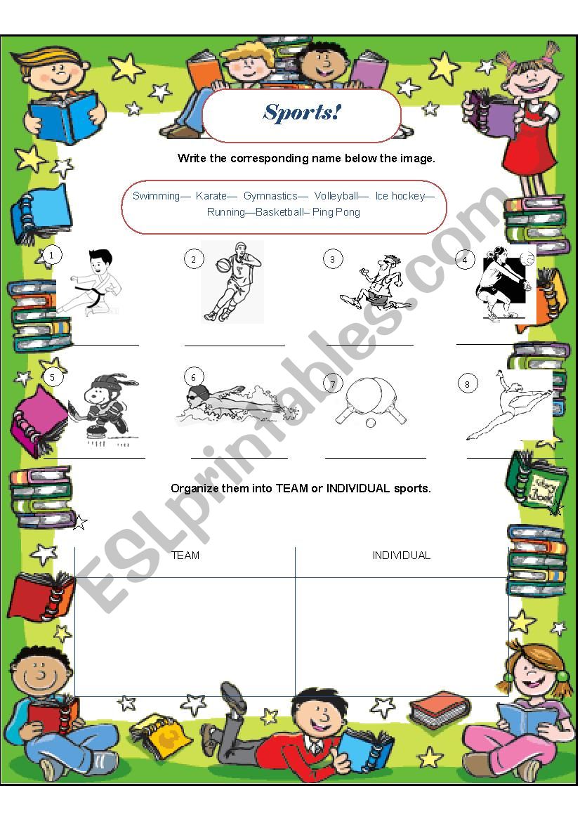 Team or individual sport worksheet