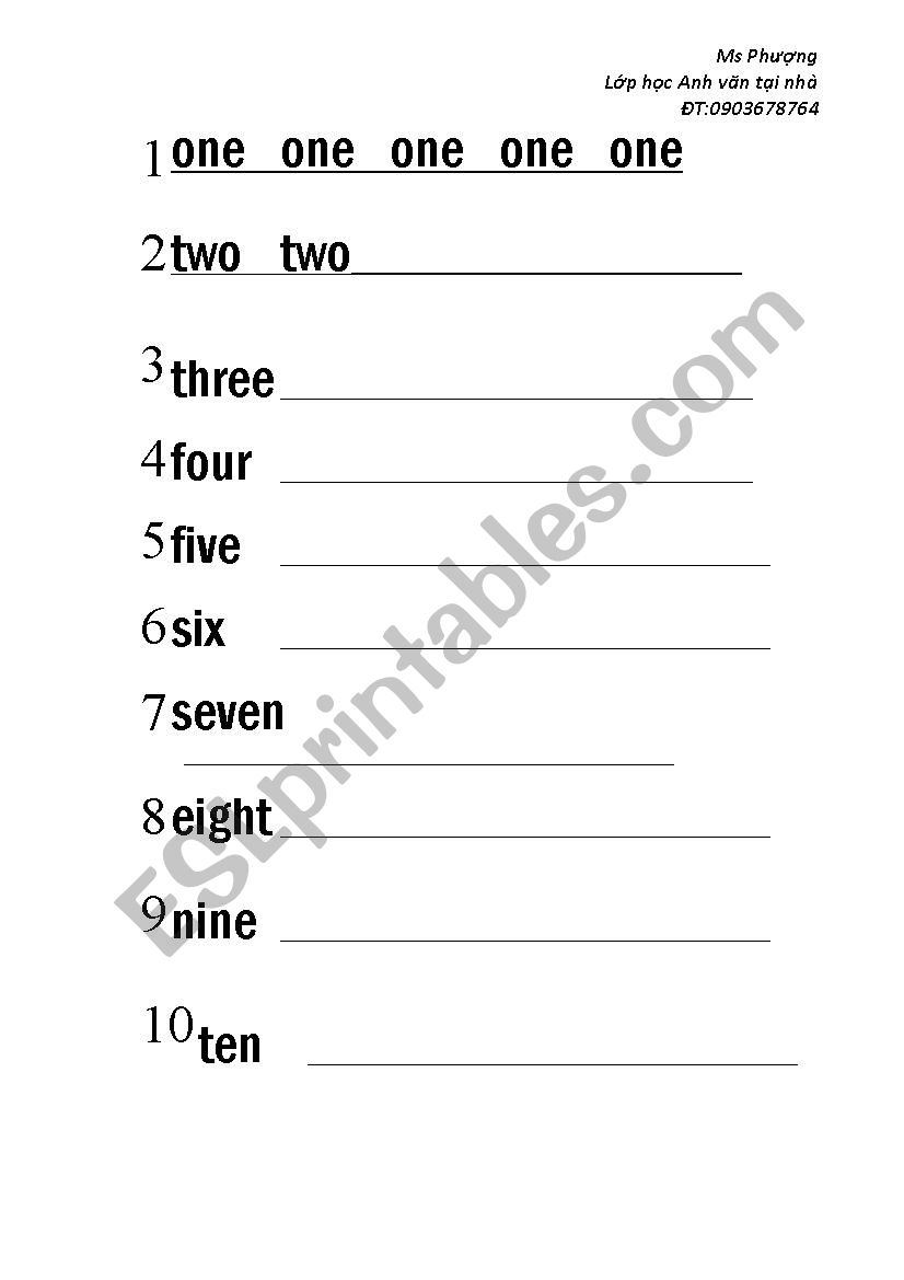 Writing 1 - 10 worksheet