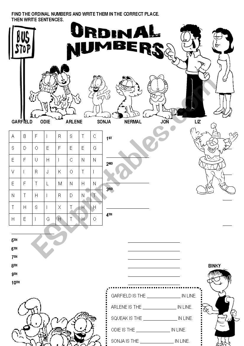 Ordinal numbers - wordsearch & fill in 