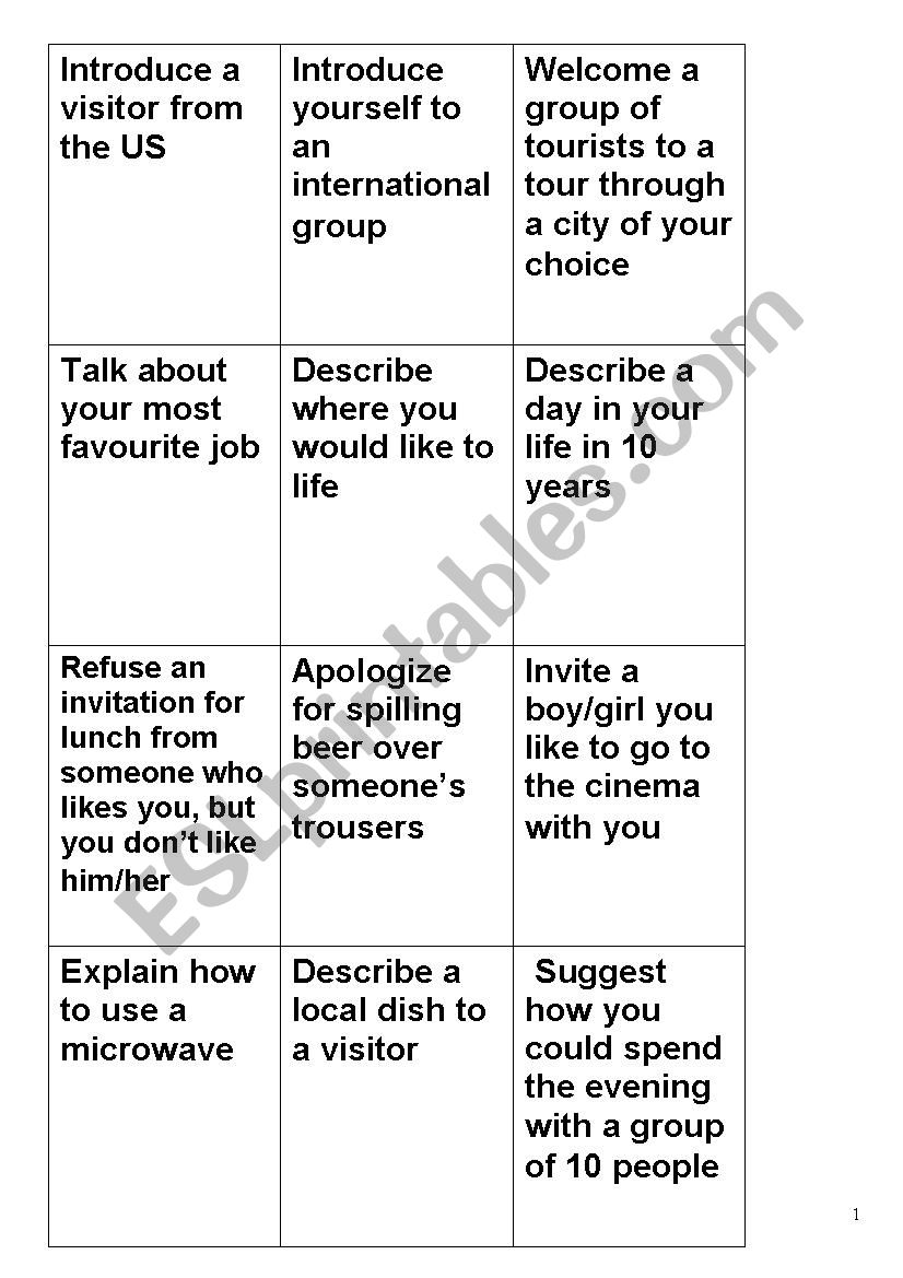 Minute talk topic cards worksheet