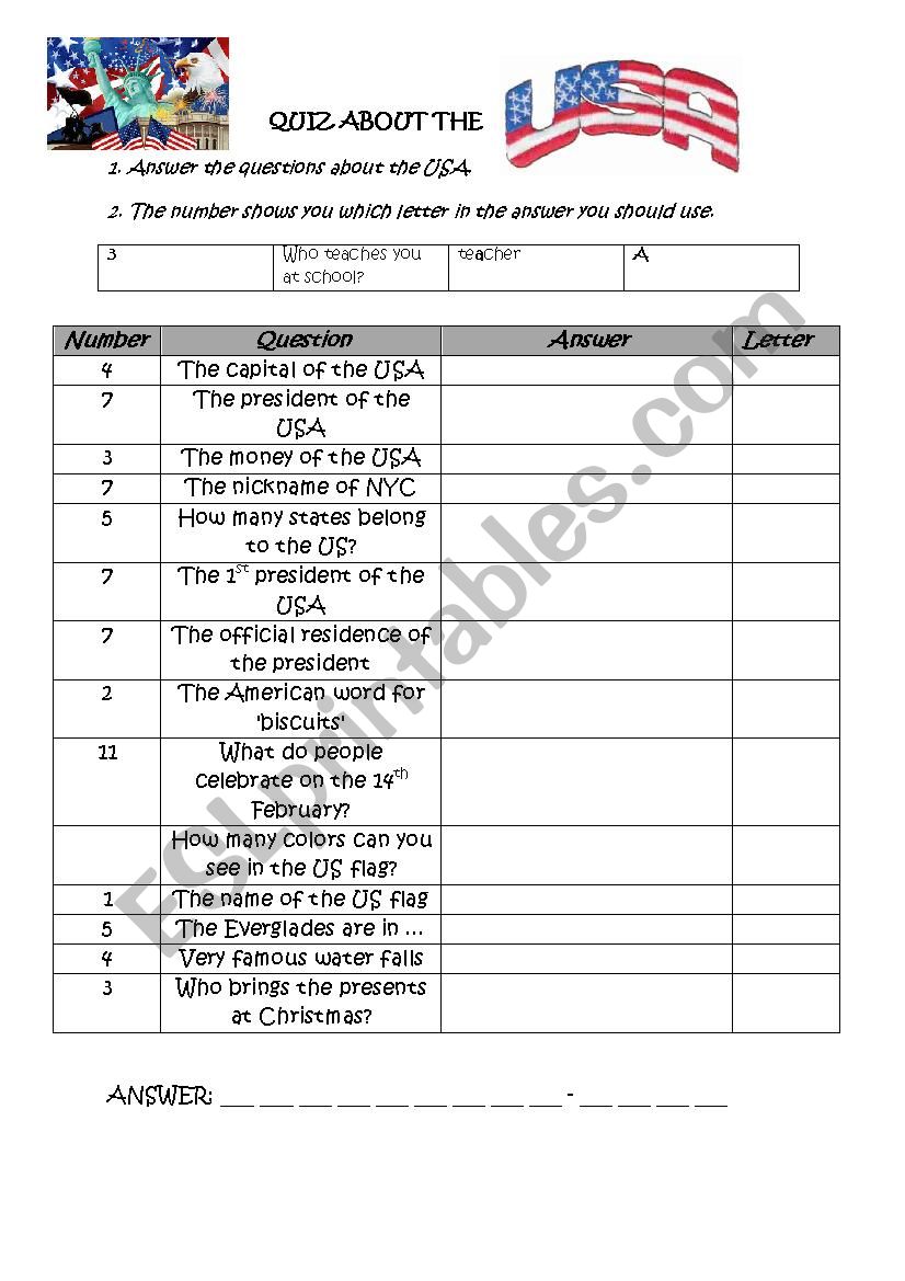Quiz about the USA worksheet
