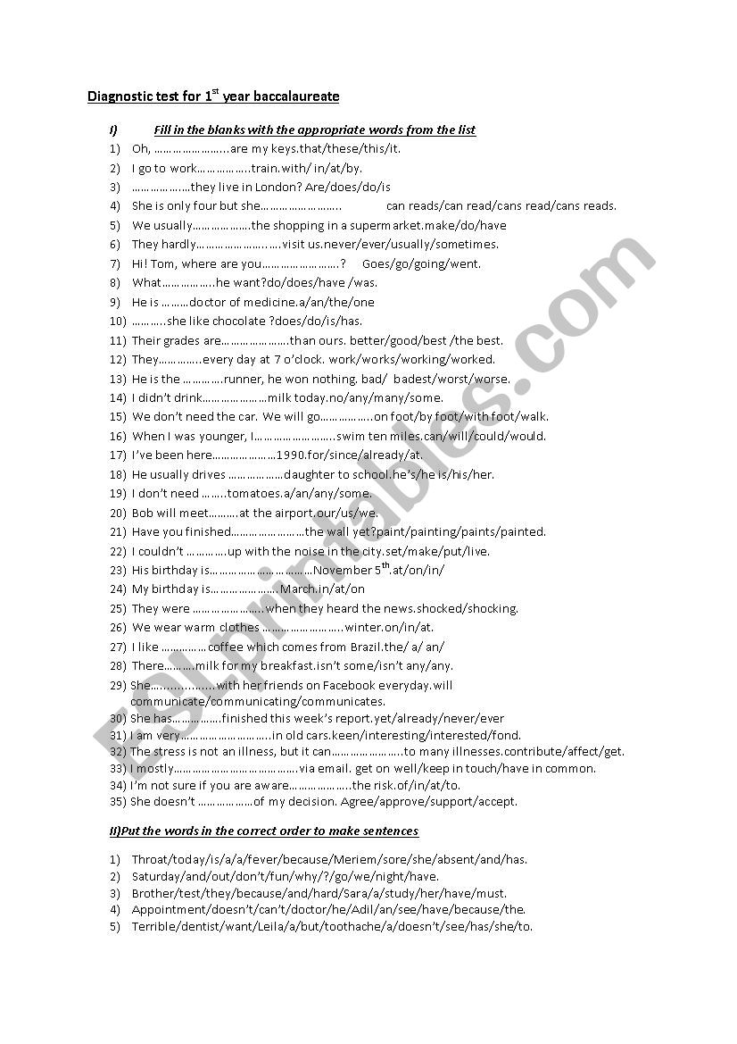 diagnostic test worksheet