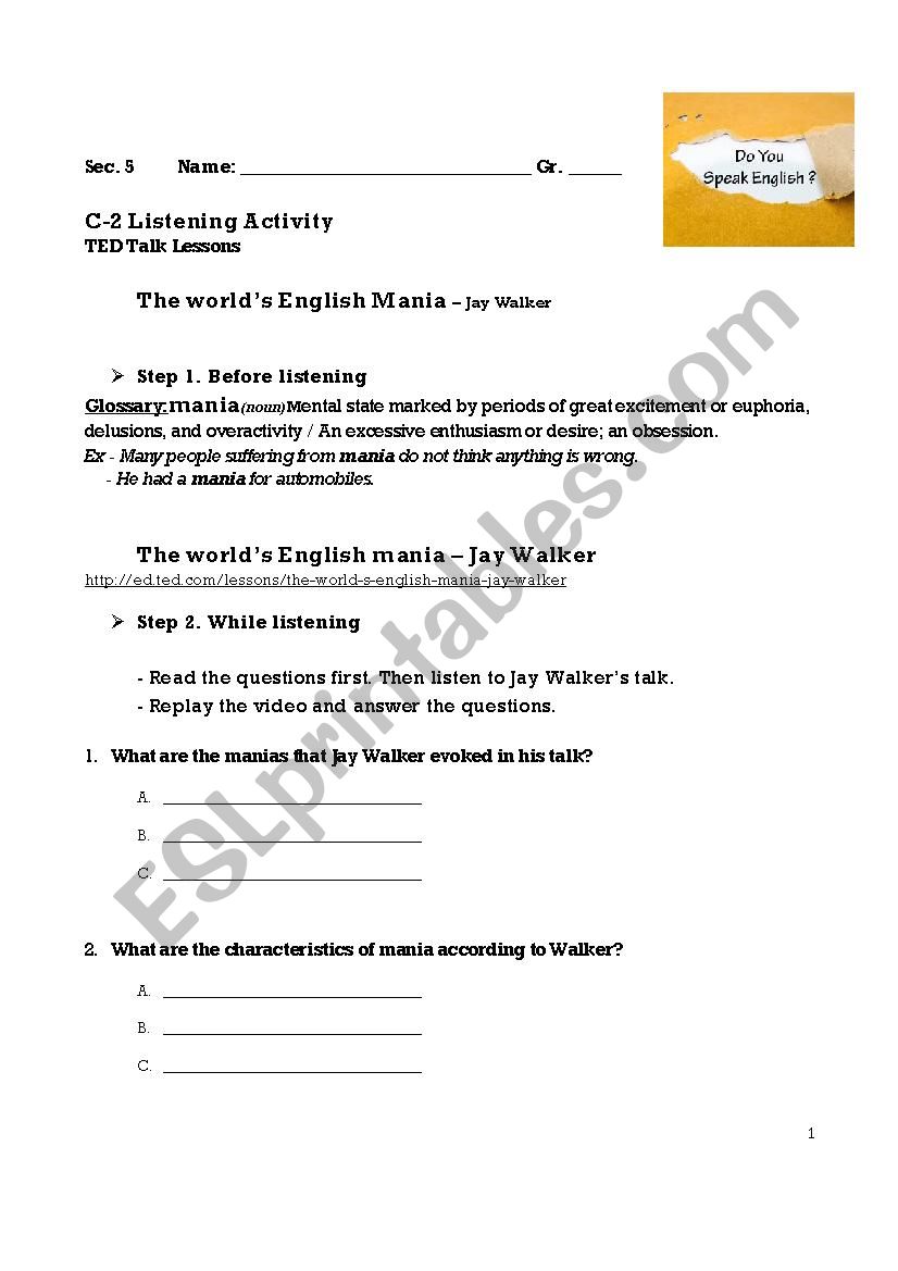 TED Talk English Mania worksheet