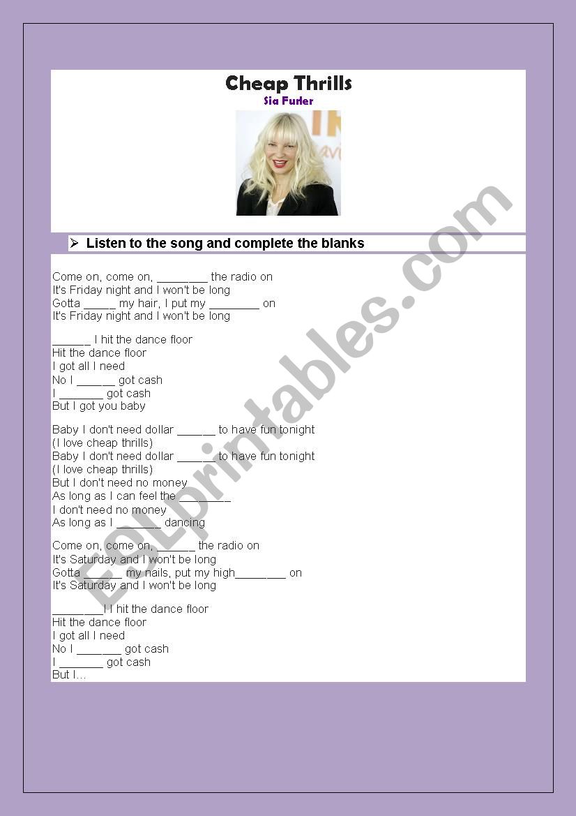 Song cheap thrills (Sia) worksheet