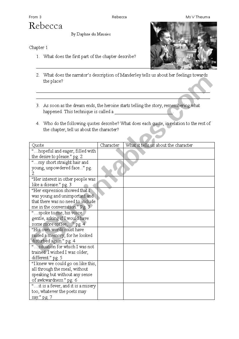 Rebaecca by Daphne du Maurier Chapter 1 worksheet