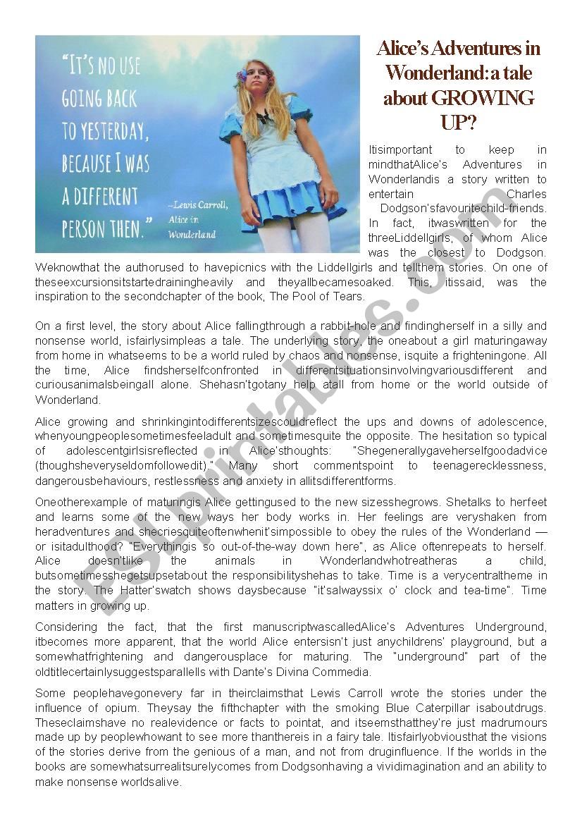 An interpretation of ALICEÂ´S ADVENTURES IN WONDERLAND 
