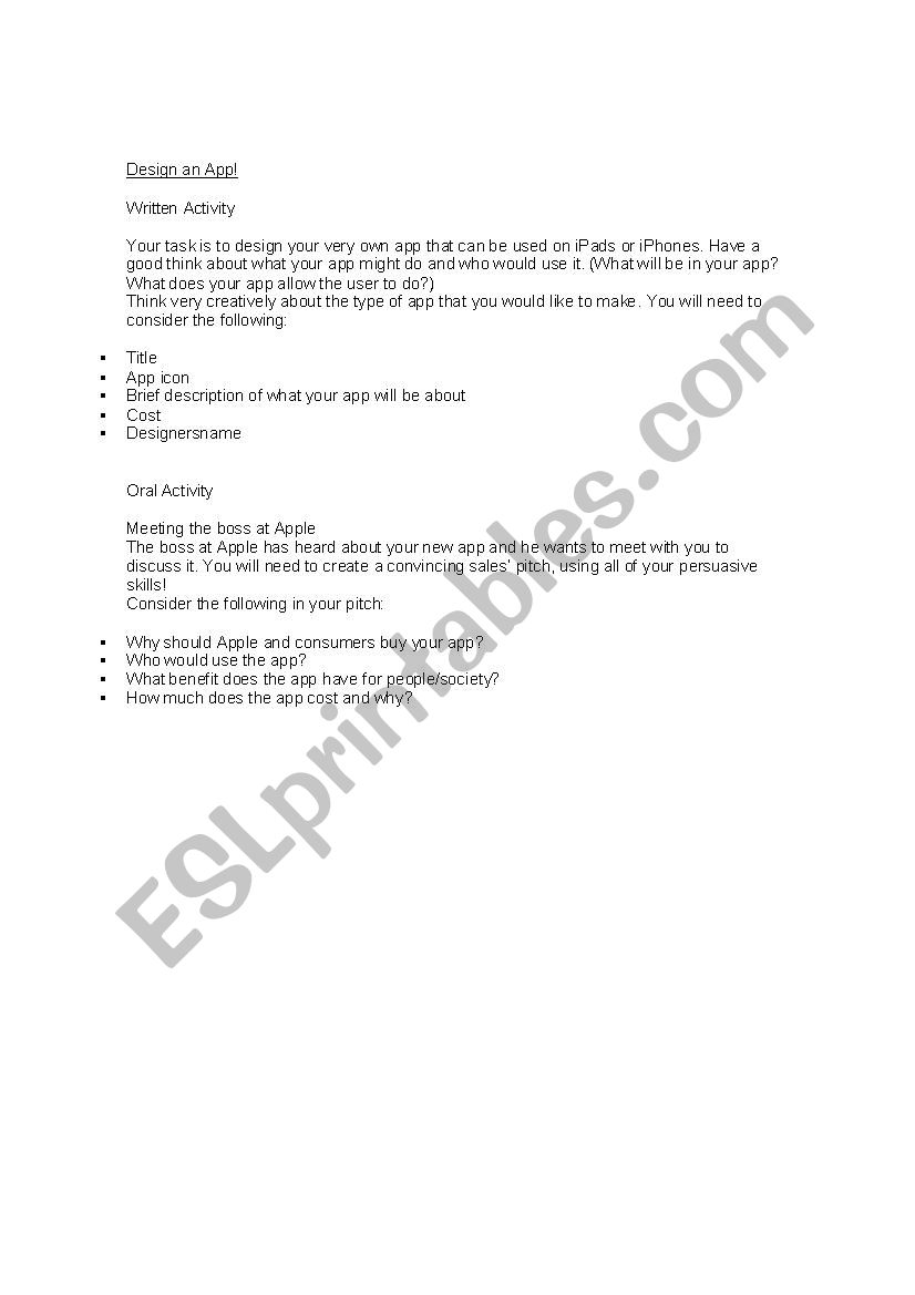 Design an App worksheet