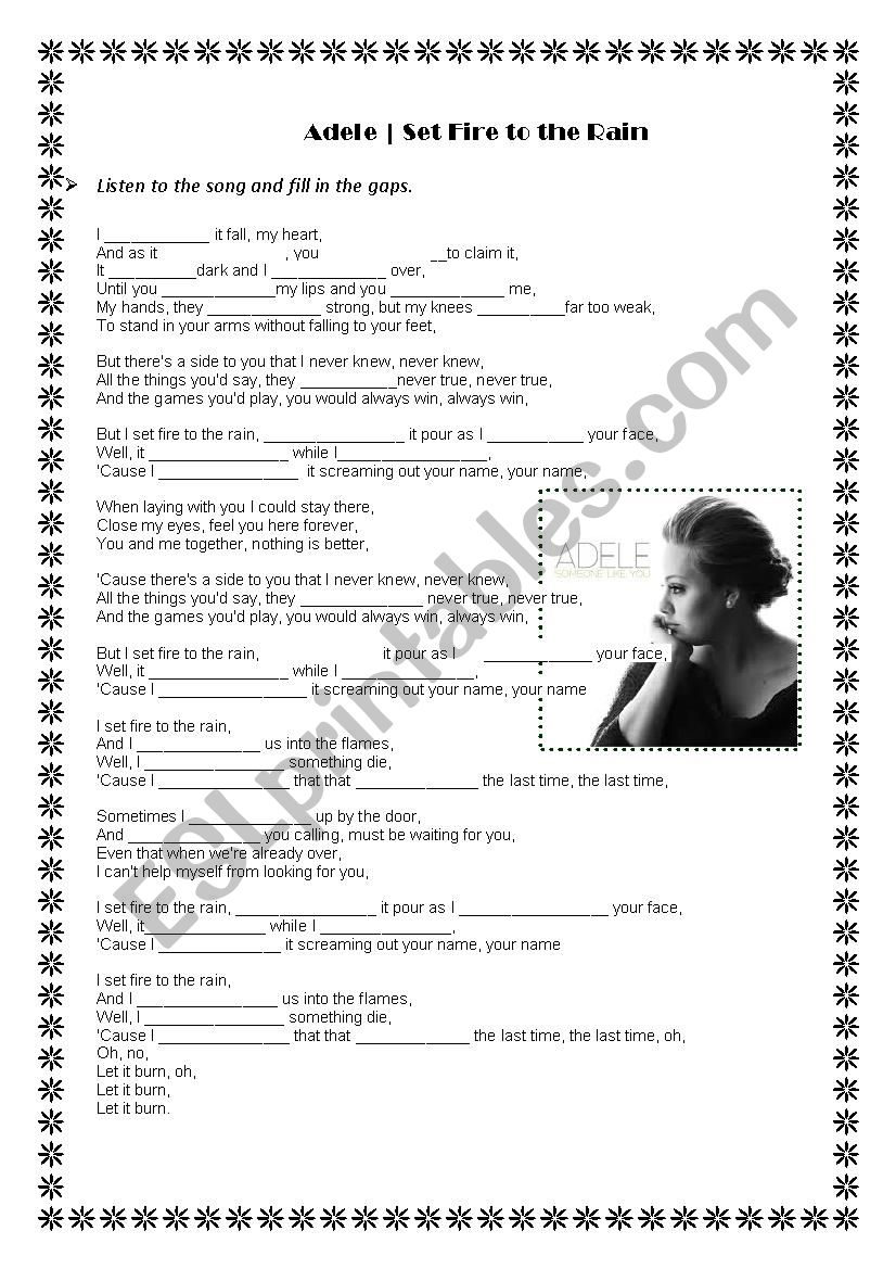 Adele-set fire to the rain worksheet