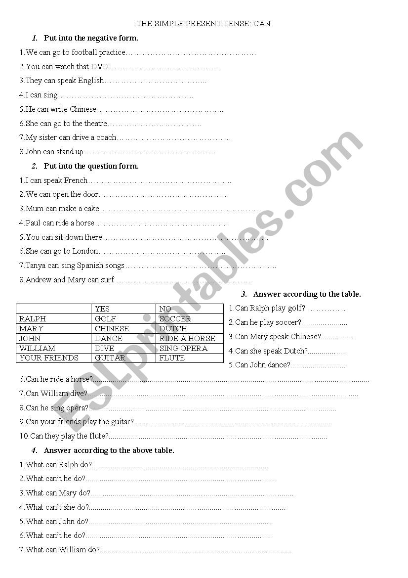 CAN -  SIMPLE PRESENT TENSE worksheet