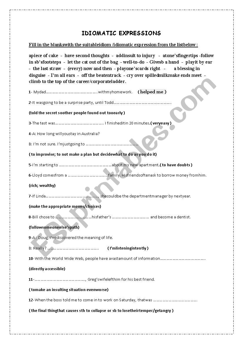 idiomatic expressions worksheet