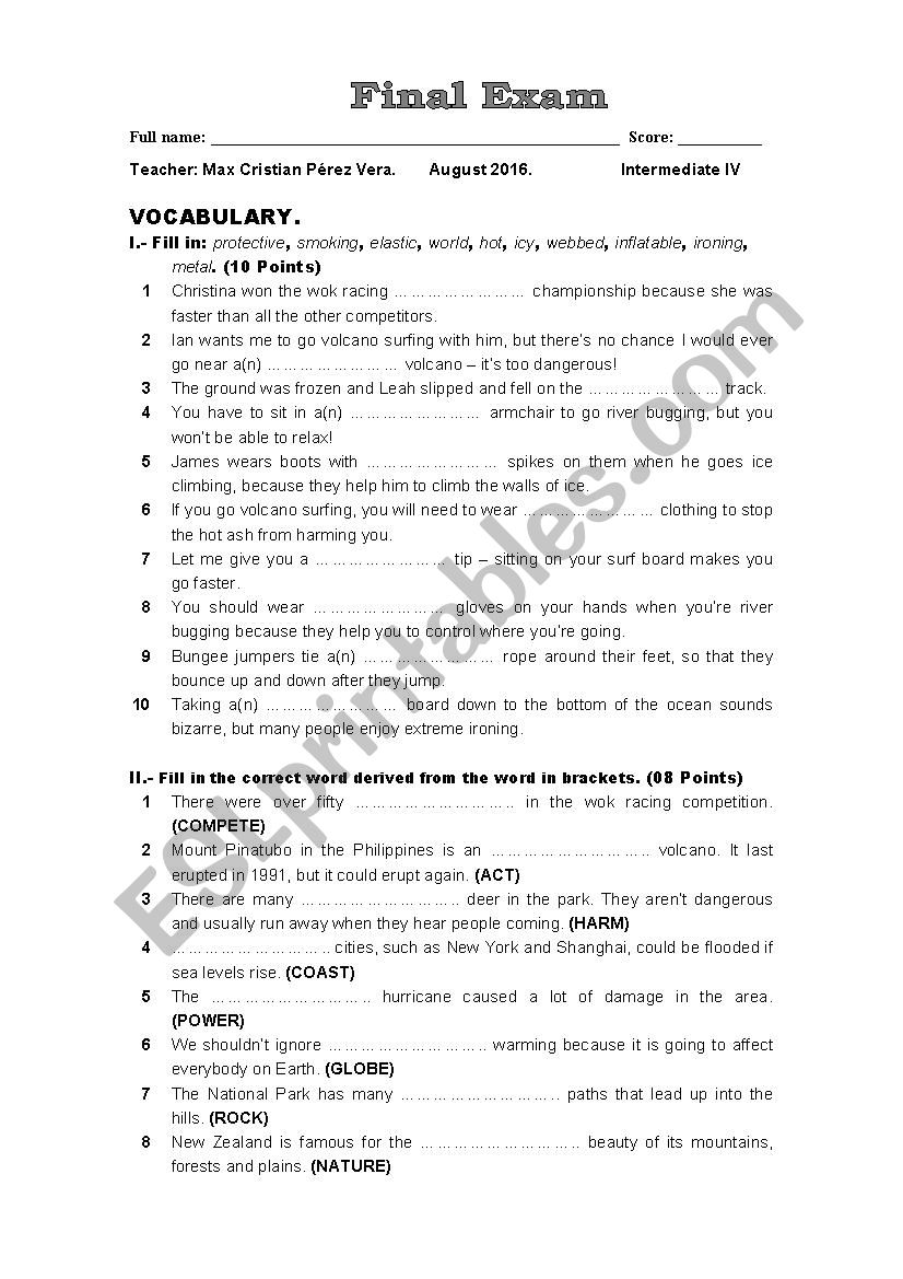 EXAM OF ENGLISH worksheet