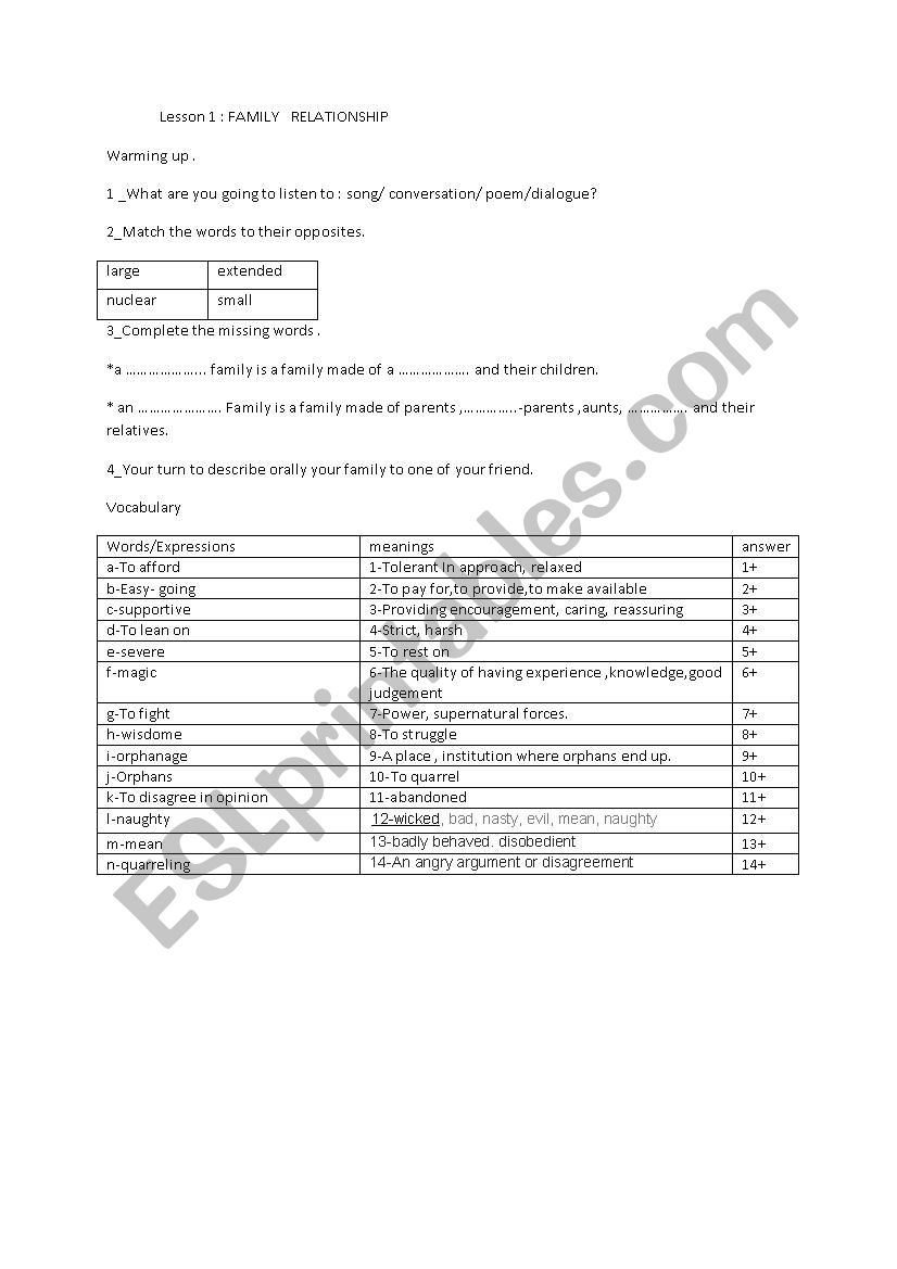 family relationships worksheet