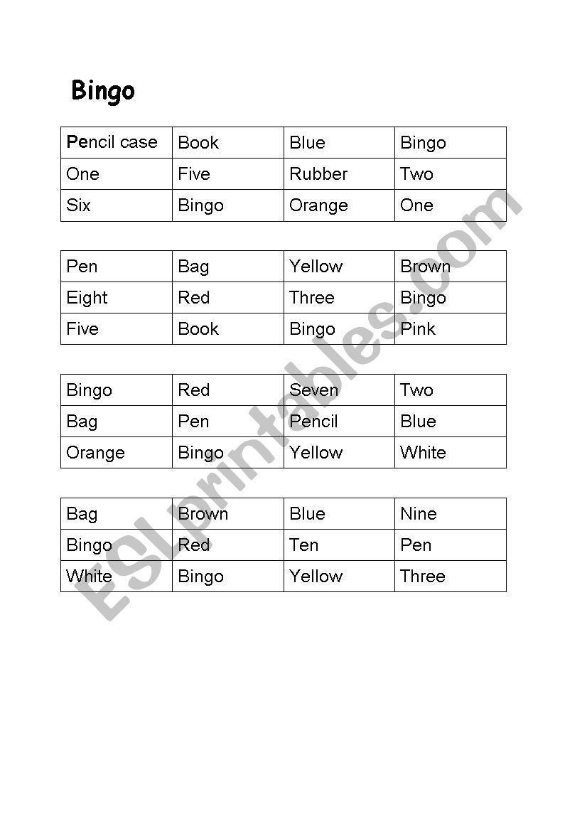 Bingo worksheet