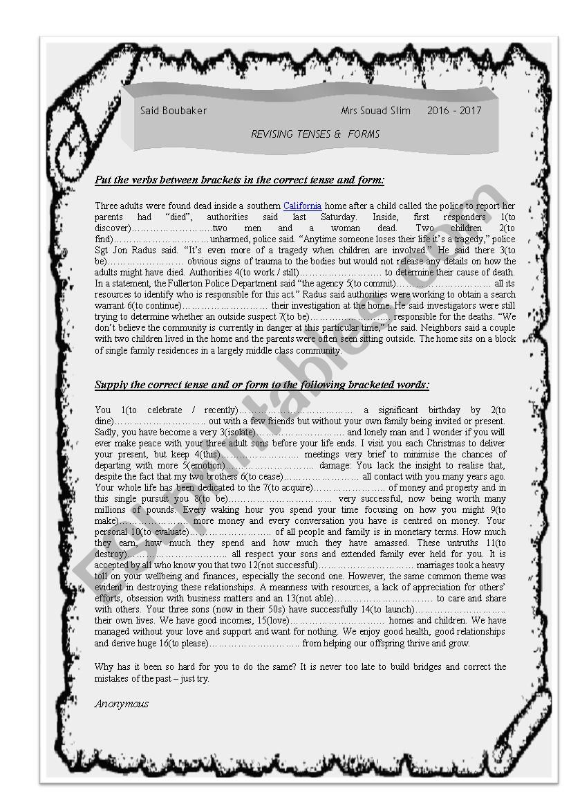 revising tenses activities worksheet