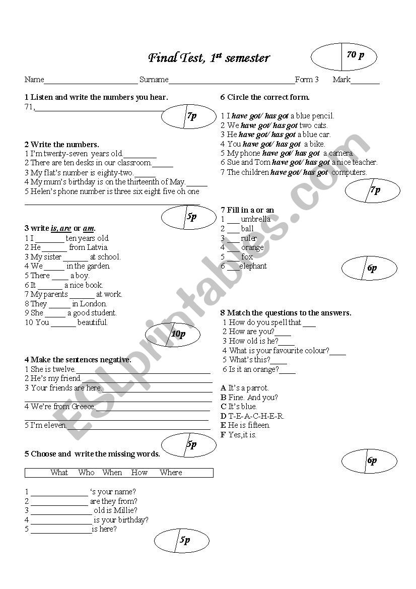 Test, 1st semester worksheet