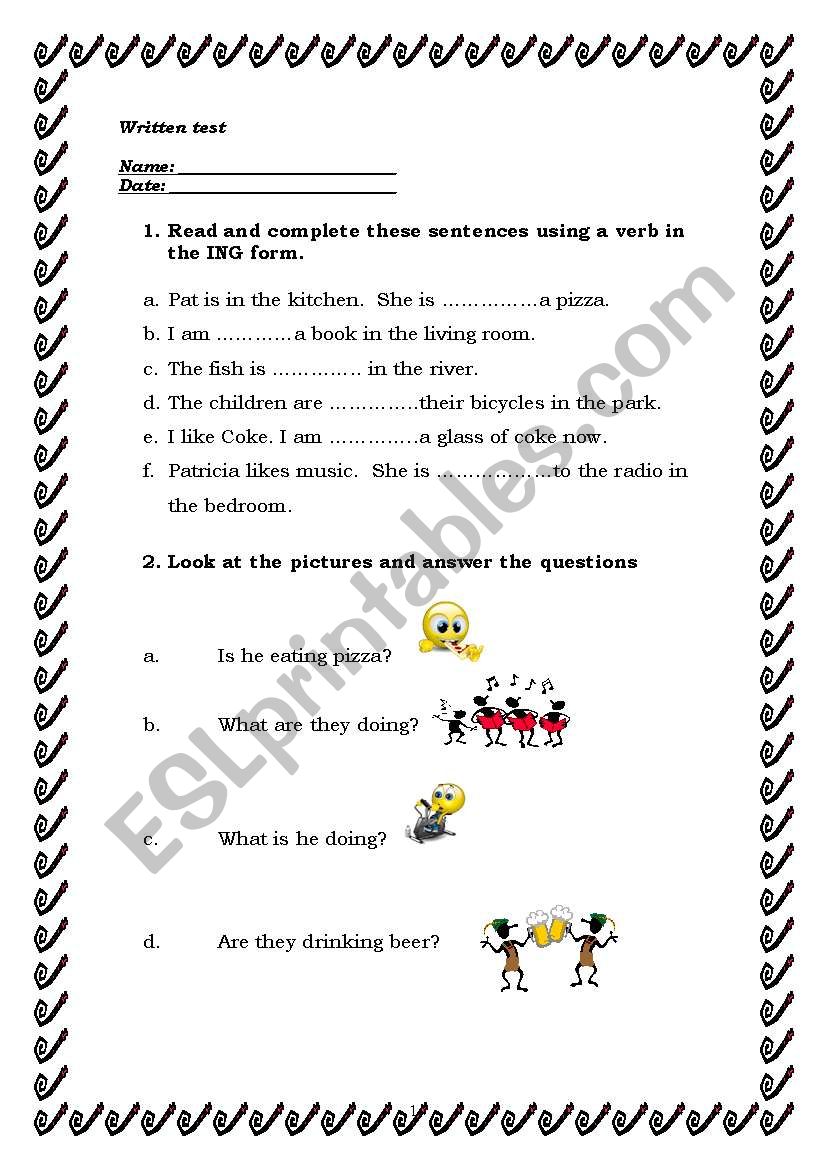 Present Progressive Test worksheet