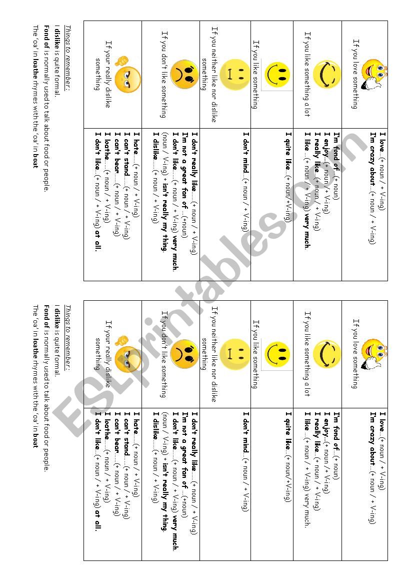 Likes and dislikes vocabulary worksheet