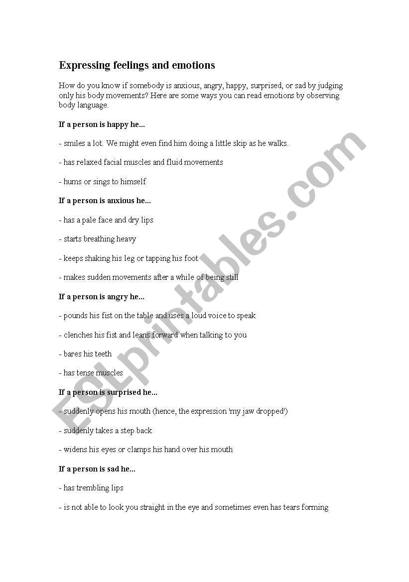 Feelings and emotions handout worksheet