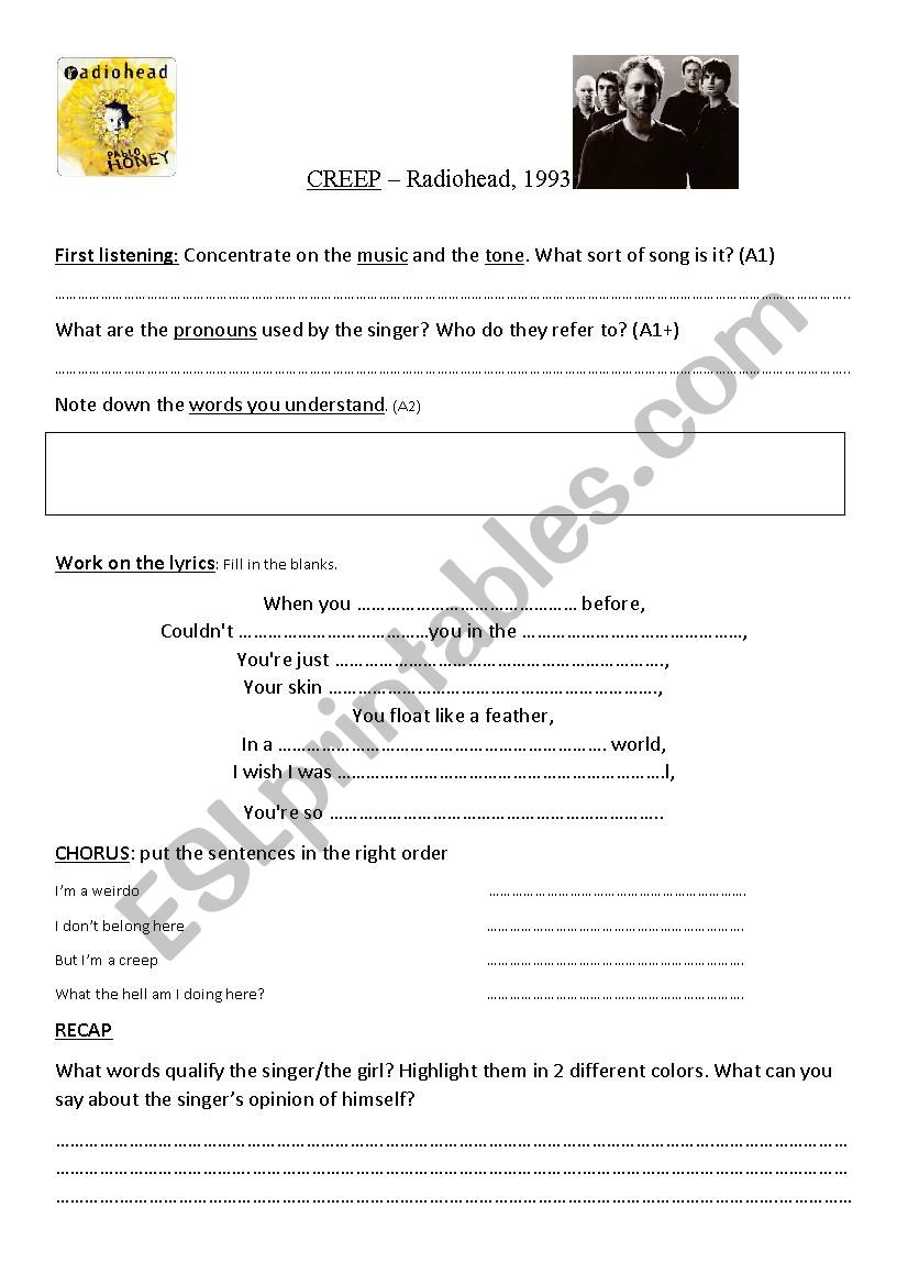 Creep by Radiohead worksheet
