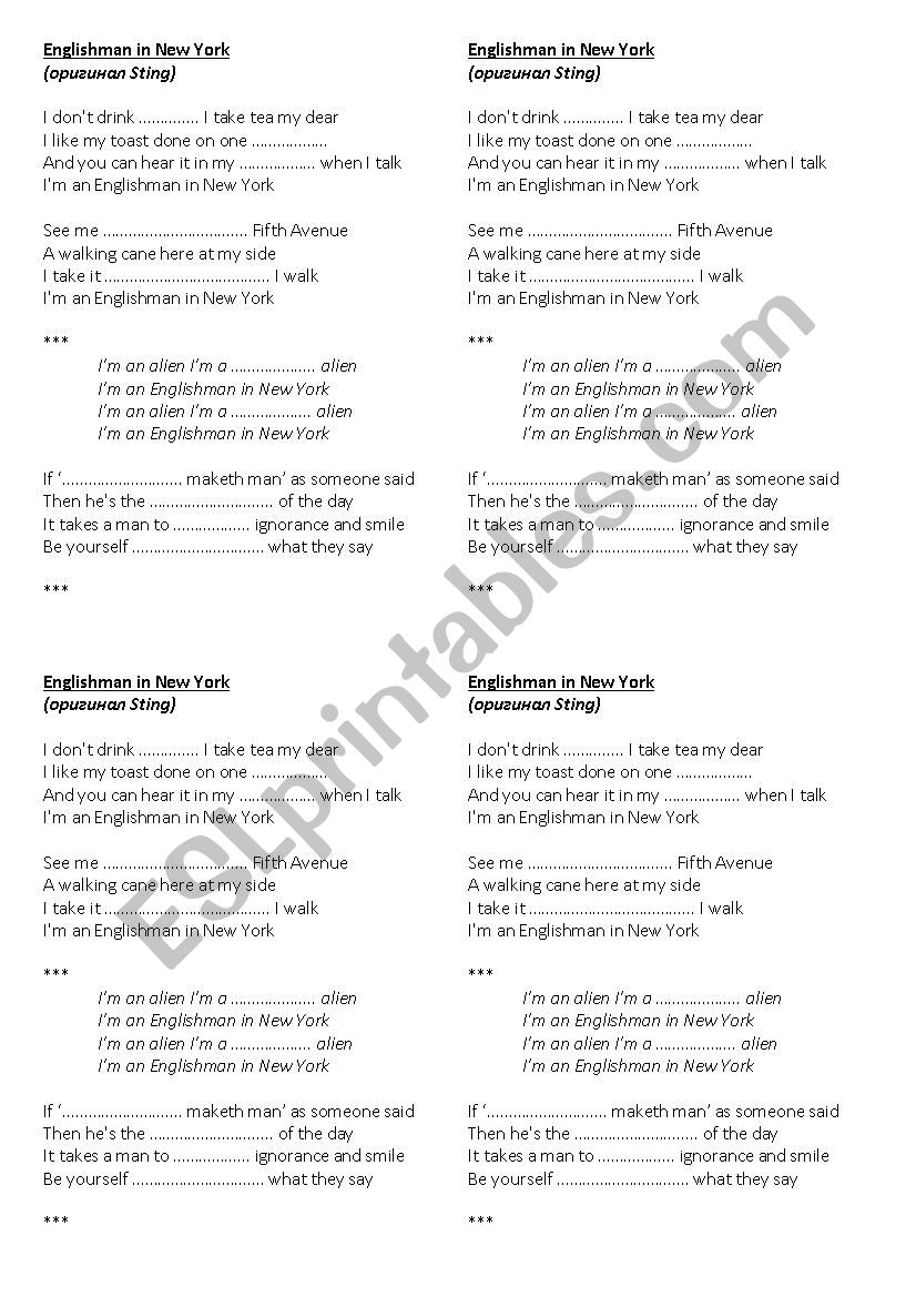 Sting-Englishman in NY worksheet