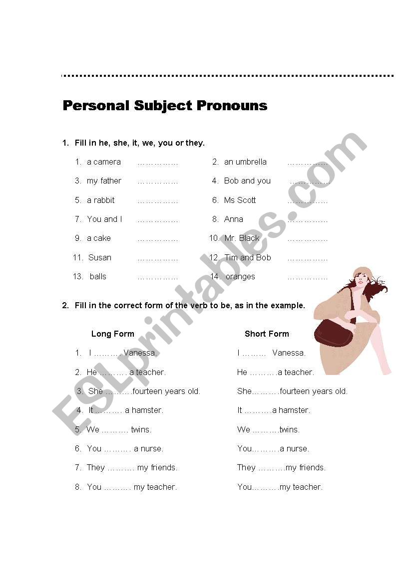 personal subject pronouns worksheet
