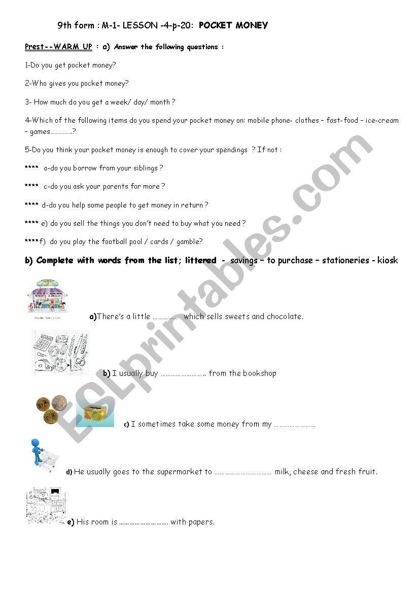 pocket money worksheet