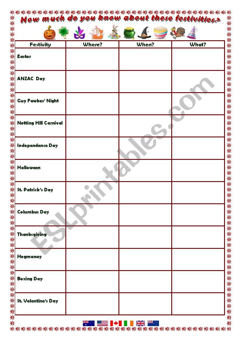 Traditions and festivities worksheet