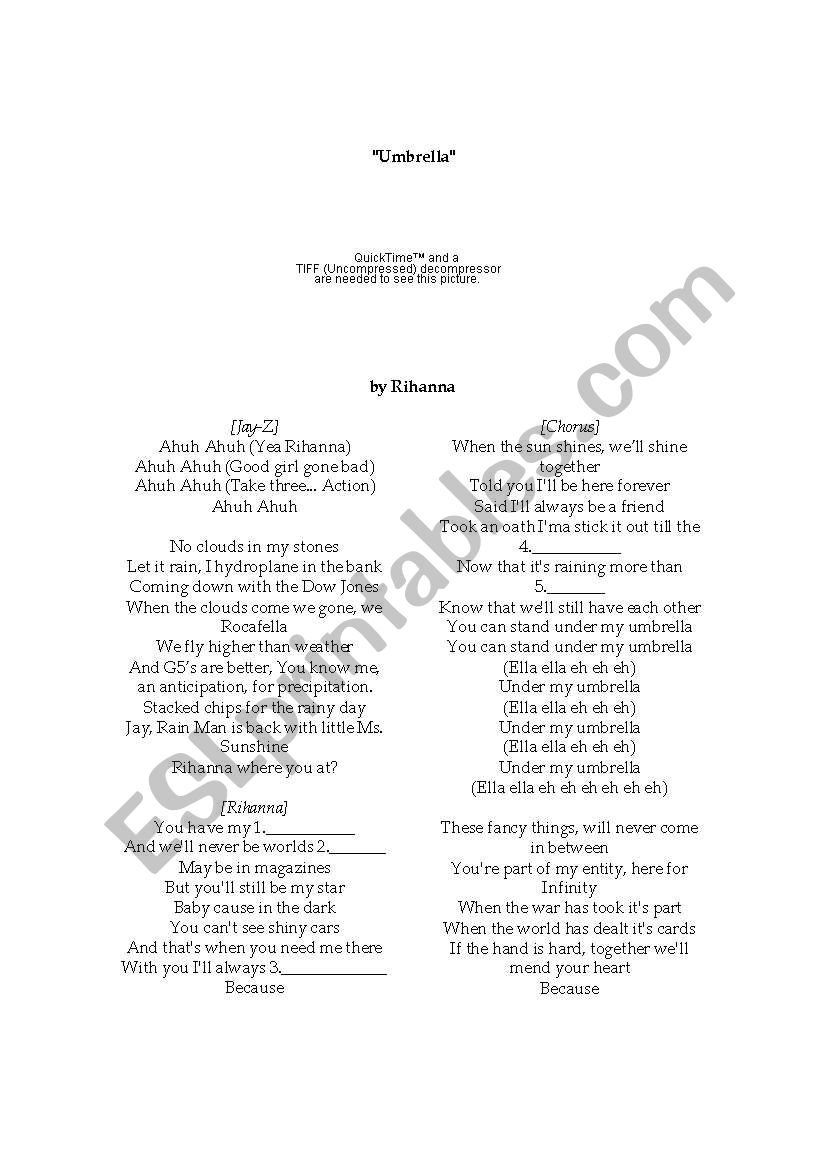 umbrella by rihanna worksheet