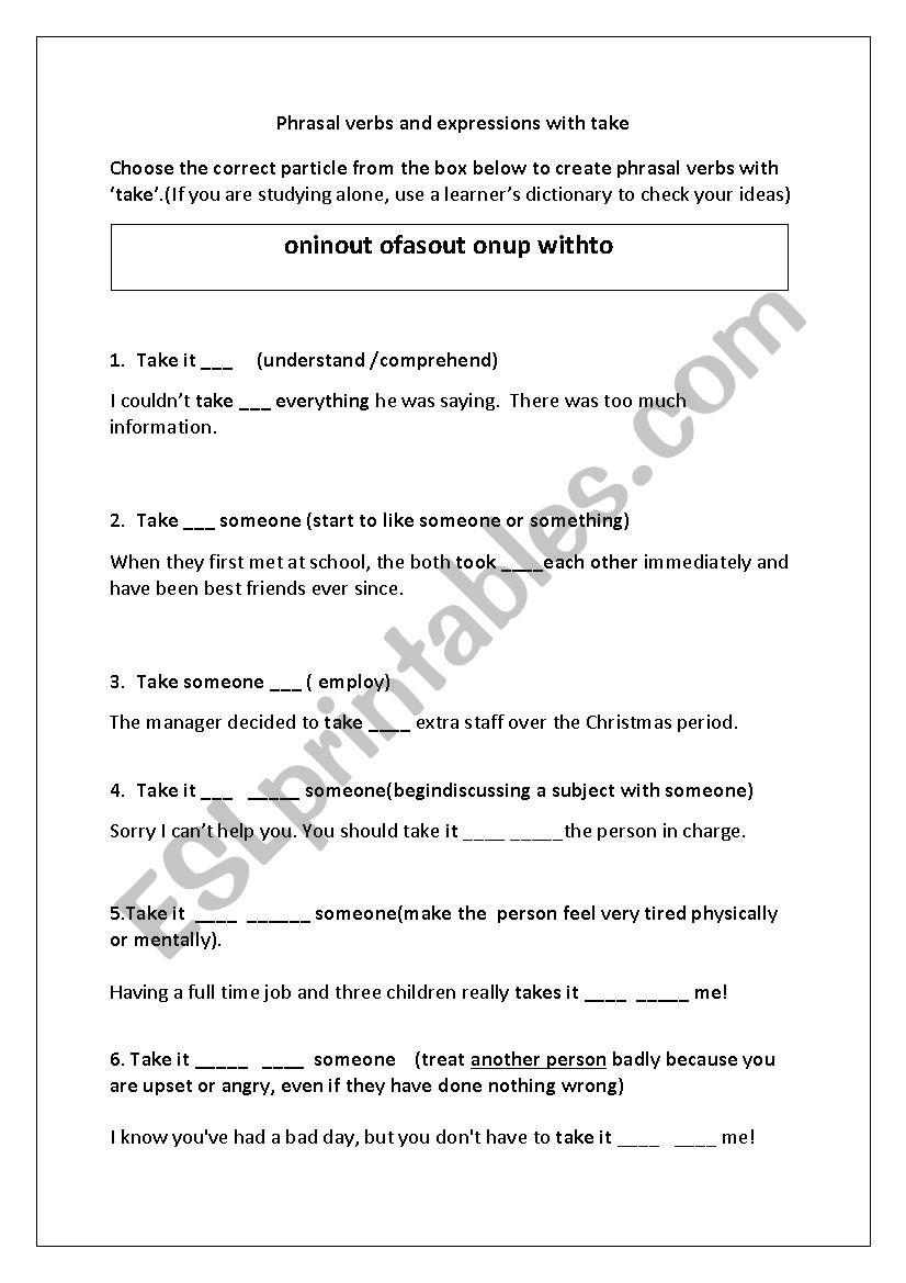 Phrasal verbs with TAKE worksheet