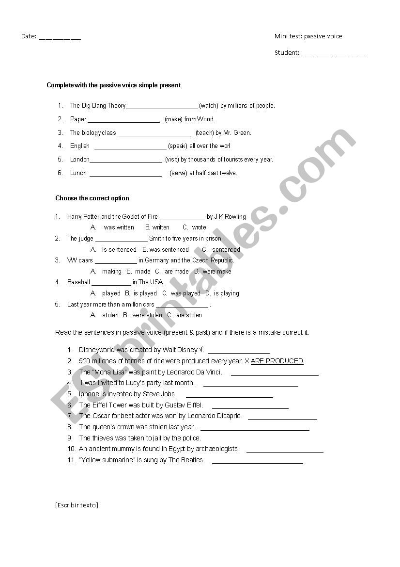 pasive voice mini test worksheet