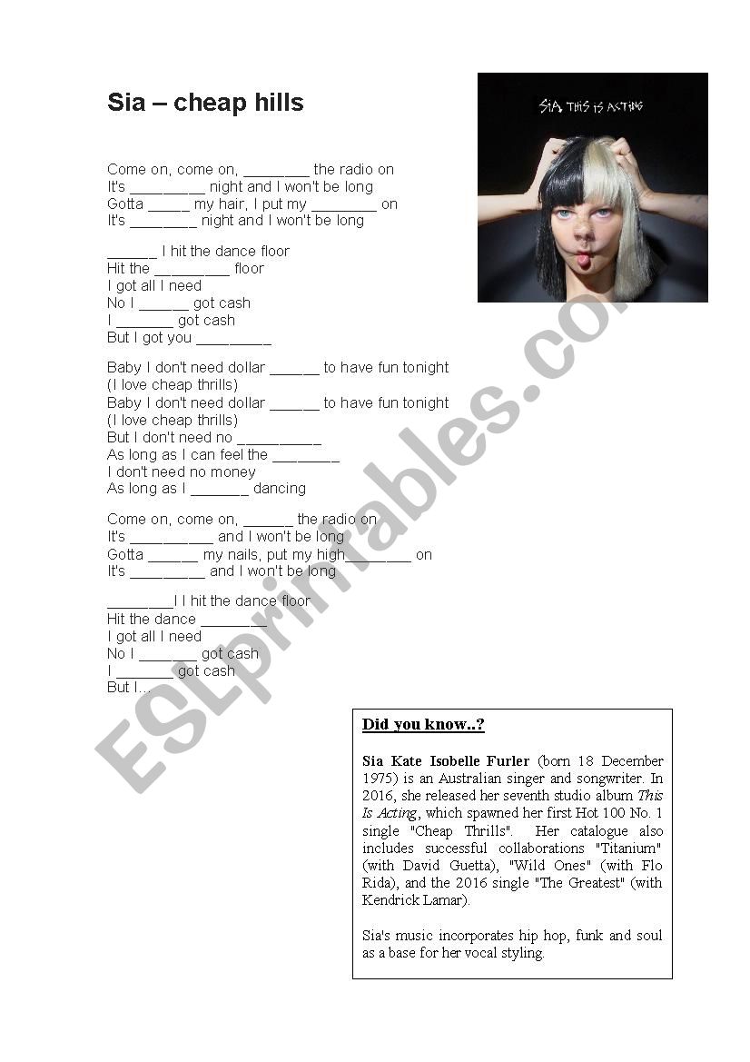 Sia - cheap hills worksheet