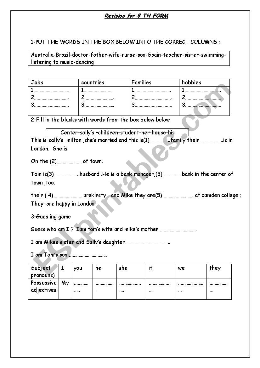 revision for 8th form worksheet