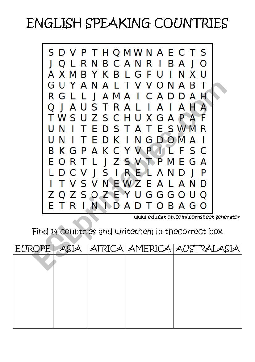 ENGLISH SPEAKING COUNTRIES WORDSEARCH