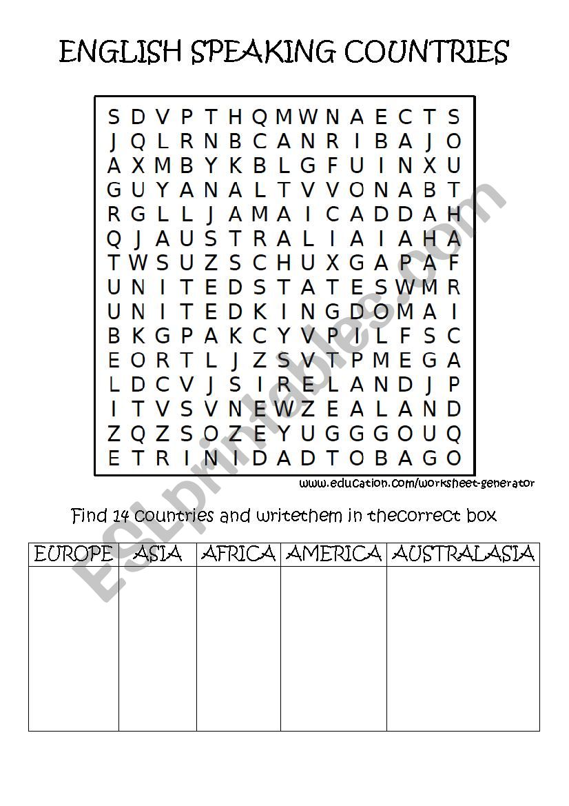 ENGLISH SPEAKING COUNTRIES WORDSEARCH